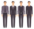 Young man standing in full growth in different formal clothes. Man in elegant and casual clothes. Basic wardrobe. Vector illustrat Royalty Free Stock Photo