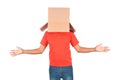 Young man standing and gesturing with a cardboard box on his head in uniform Royalty Free Stock Photo