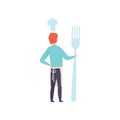 Young man standing with a giant fork, faceless man in chef hat and apron holding kitchen tool vector Illustration on a