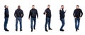 The young man is standing. The guy in jeans and a blue sweater. Profile, back and front views. Full height. Collage, set of images Royalty Free Stock Photo