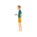 Young Man Standing and Holding Remote Control, Guy Spending Weekend at Home and Relaxing, Rest at Home Vector