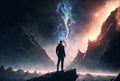 Young man standing and looking up to the starry night sky and the universe above. Generative AI Royalty Free Stock Photo