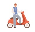 Young man standing by motor scooter. Guy posing near modern moped. Portrait of motorbike driver. Happy bike rider. Flat