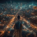 a young man standing on the rooftop of a skyscraper watching over the big city Royalty Free Stock Photo