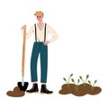 Young Man Standing with Shovel, Guy Working in Garden or Farm Vector Illustration Royalty Free Stock Photo