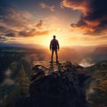 Young man standing on top of a cliff in the summer mountains at sunset and enjoying the view of nature Royalty Free Stock Photo