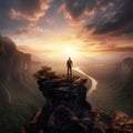 Young man standing on top of a cliff in the summer mountains at sunset and enjoying the view of nature Royalty Free Stock Photo