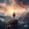 Young man standing on top of a cliff in the summer mountains at sunset and enjoying the view of nature Royalty Free Stock Photo