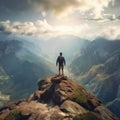 Young man standing on top of a cliff in the summer mountains at sunset and enjoying the view of nature Royalty Free Stock Photo