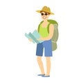 Young man standing with tourist backpack and holding map in his hand. Colorful cartoon character isolated on a white Royalty Free Stock Photo