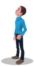 Young man stands on his feet and looks upward. Side view of looking up boy wearing boots, jeans, blue pullover isolated