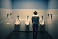 A young man stands by the urinals in a public toilet, Generative AI
