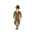 Young man in steampunk suit. Cheerful guy in vintage long jacket, shirt, tie, vest, pants and hop hat with gears. Flat Royalty Free Stock Photo