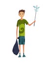 Young man with stick and package. Garbage collection. Volunteer collect garbage. Plastic pollution awareness