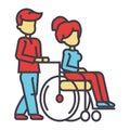 Young man strolling with young woman in wheelchair, nursing care for disabled people concept.