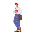 Young Man Student Character with Bag on Shoulder Holding Book. Male Character Gaining Education Knowledge Concept Royalty Free Stock Photo