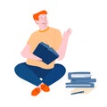 Young Man Student Sitting with Books Learning Homework or Prepare to Exams in University or College
