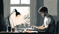 A student studying remotely from home, with a laptop on a table and books stacked nearby. - ai generated