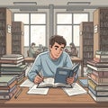 A young man is studying in a library, surrounded by stacks of books. He is focused o Royalty Free Stock Photo