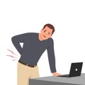 Young man suffering from back pain. Cartoon scene with a guy working at a computer in the office and his back hurts from sitting Royalty Free Stock Photo