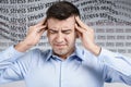 Young man suffering from depression and words STRESS on background