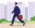 A young man in a suit and briefcase hurries to work. Urban landscape. Illustration, clip art vector