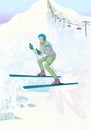 Young man in suit skiing in mountains. Vector illustration concept