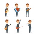 Young Man in Suit and Tie Playing Musical Instrument Performing Concert on Stage Vector Set Royalty Free Stock Photo