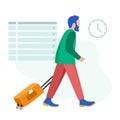 A young man with a suitcase at the airport is in a hurry to catch a plane. For posters, websites, mobile apps, magazines, and Royalty Free Stock Photo