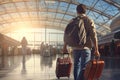 Young man with a suitcase at the airport terminal. Travel concept, Male tourist walking in an airport with luggage, top section Royalty Free Stock Photo