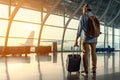 Young man with a suitcase at the airport terminal. Travel concept, Male tourist walking in an airport with luggage, top section Royalty Free Stock Photo