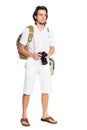 Young man in a summer suit with the camera Royalty Free Stock Photo