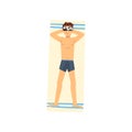 Young Man Sunbathing on Beach Towel, Top View of Lying Guy in Sunglasses Vector Illustration Royalty Free Stock Photo
