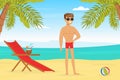 Young Man Sunbathing on Tropical Beach, Guy Having Summer Vacation on Seashore Cartoon Vector Illustration
