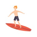 Young man on a surfboard, surfer guy character riding waves vector Illustration on a white background