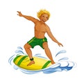 A young man on a surfboard on the wave. Holidays in the Hawaiian Islands.