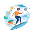 Young man surfing on knowledge wave with lightbulb and books in flat style illustration Royalty Free Stock Photo