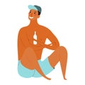 Young man in swimming trunks, cap cute cartoon character illustration.