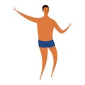 Young man in swimming trunks jumping cute cartoon character illustration.