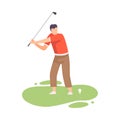 Young Man Swinging with Golf Club, Male Golfer Player Playing Golf on Course, Outdoor Sport or Hobby Vector Illustration Royalty Free Stock Photo