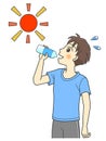 A young man in a T-shirt drinking water outside