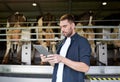 Young man with tablet pc and cows on dairy farm Royalty Free Stock Photo