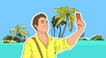 Young Man Take Selfie Photo Beach Sea Shore On Cell Smart Phone Tropical Summer Vacation