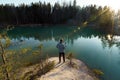 Young man take travel photos - Beautiful turquoise lake in Latvia - Meditirenian style colors in Baltic states -
