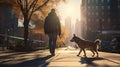 A young man takes a leisurely stroll with his dog along the city sidewalk, their steps perfectly synchronized. Royalty Free Stock Photo