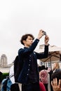 Young man taking photos of the skyline of New York Royalty Free Stock Photo