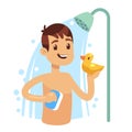 Young man taking shower in bathroom. Guy washing himself. Royalty Free Stock Photo