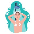 Young man taking shower in bathroom. Washes head, hair and body with shampoo and soap. Flat cartoon vector illustration Royalty Free Stock Photo