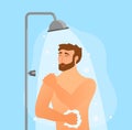 Young man taking shower cartoon vector illustration. Happy guy washing his head. Royalty Free Stock Photo