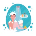 Young man taking shower - round shape composition. Happy guy washing his head, hairs, body soap under water. Routine hygiene Royalty Free Stock Photo